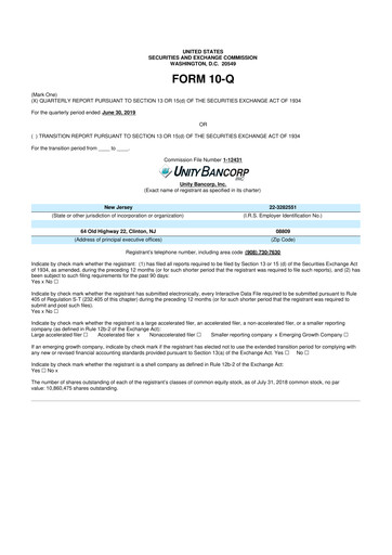 Miniature Unity Bancorp 10-Q Rapport trimestriel 2019 