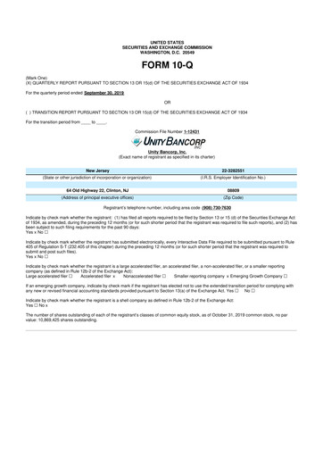 Miniature Unity Bancorp 10-Q Rapport trimestriel 2019 
