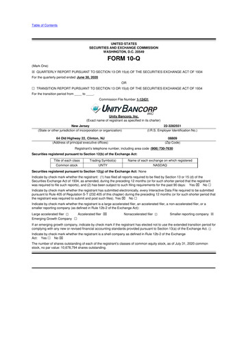 Miniature Unity Bancorp 10-Q Rapport trimestriel 2020 