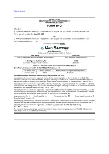 Miniature Unity Bancorp 10-Q Rapport trimestriel 2021 