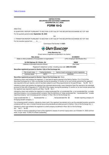 Miniature Unity Bancorp 10-Q Rapport trimestriel 2022 