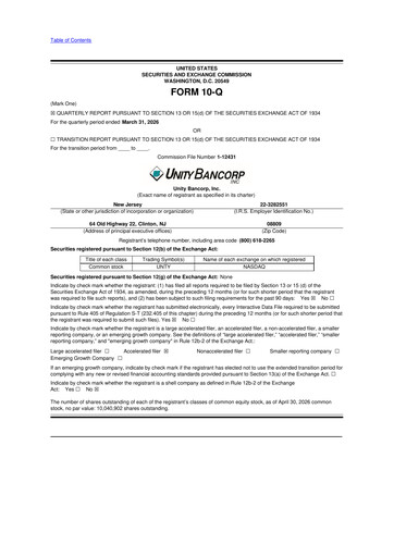 Thumbnail Unity Bancorp 10-Q Quarterly Report FY 