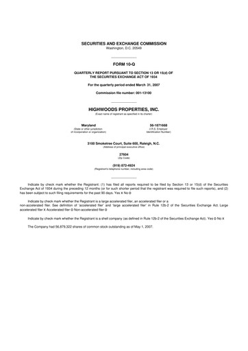 Thumbnail Highwoods Properties
 10-Q Quarterly Report FY 