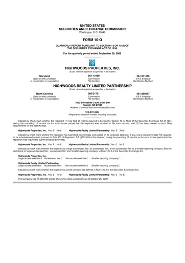 Thumbnail Highwoods Properties
 10-Q Quarterly Report FY 