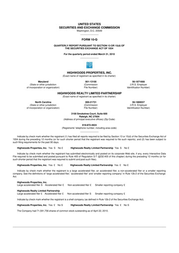 Thumbnail Highwoods Properties
 10-Q Quarterly Report FY 