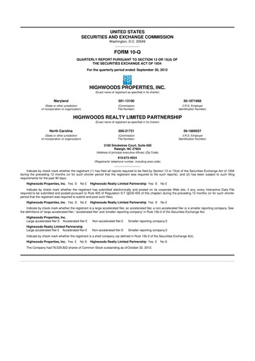 Thumbnail Highwoods Properties
 10-Q Quarterly Report FY2012 