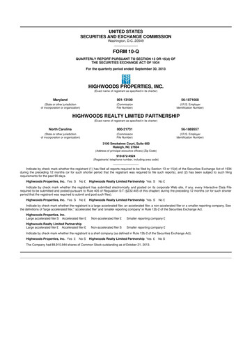 Thumbnail Highwoods Properties
 10-Q Quarterly Report FY 