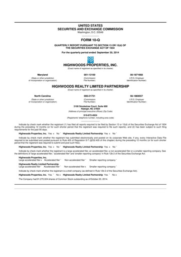 Thumbnail Highwoods Properties
 10-Q Quarterly Report FY 