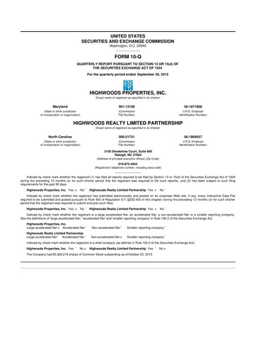 Thumbnail Highwoods Properties
 10-Q Quarterly Report FY 