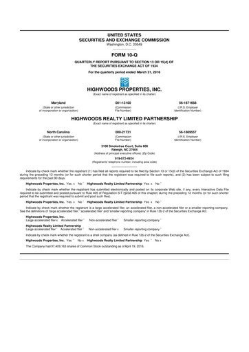 Thumbnail Highwoods Properties
 10-Q Quarterly Report FY 