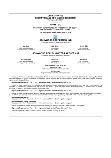 Thumbnail Highwoods Properties
 10-Q Quarterly Report FY 