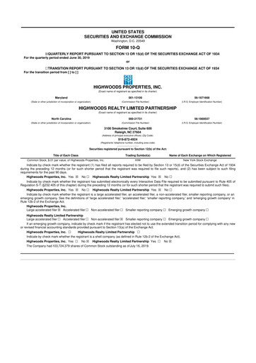 Thumbnail Highwoods Properties
 10-Q Quarterly Report FY 
