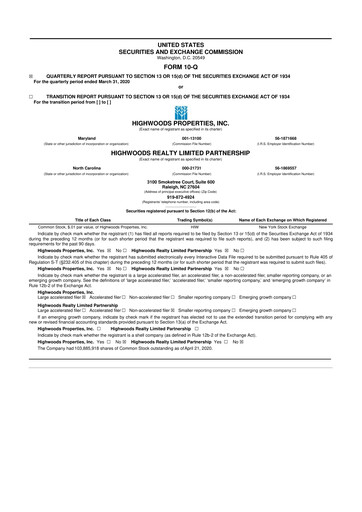 Thumbnail Highwoods Properties
 10-Q Quarterly Report FY 