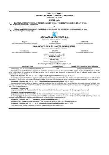 Thumbnail Highwoods Properties
 10-Q Quarterly Report FY 