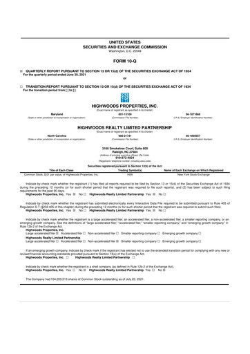 Thumbnail Highwoods Properties
 10-Q Quarterly Report FY 