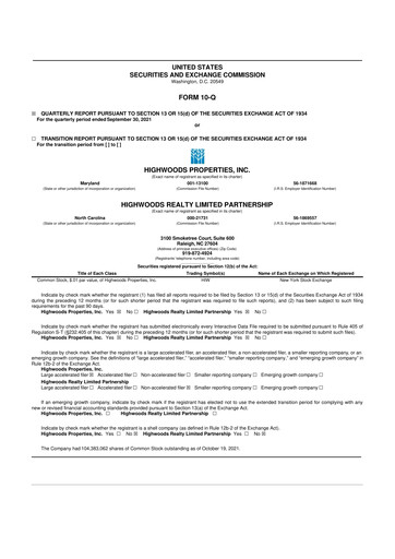 Thumbnail Highwoods Properties
 10-Q Quarterly Report FY 