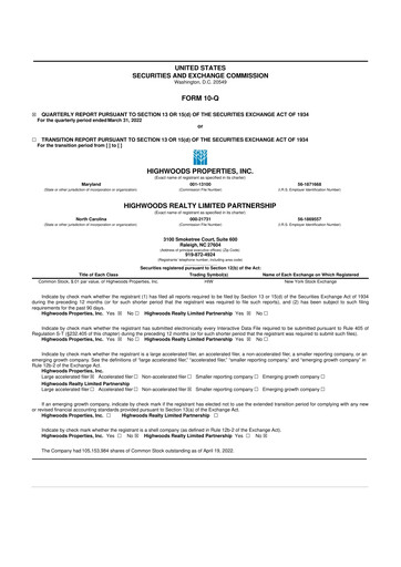 Thumbnail Highwoods Properties
 10-Q Quarterly Report FY 