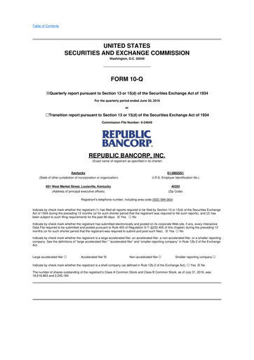 Thumbnail Republic Bank 10-Q Quarterly Report FY2016 