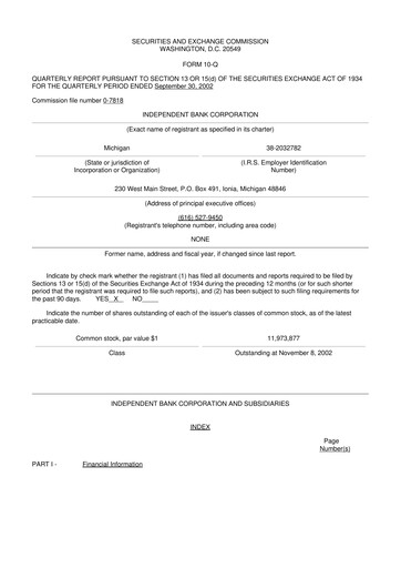 Thumbnail Independent Bank Corporation 10-Q Quarterly Report FY 