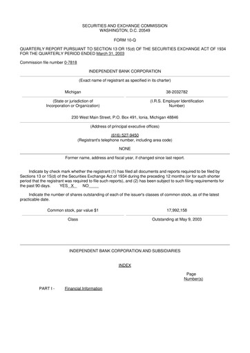 Thumbnail Independent Bank Corporation 10-Q Quarterly Report FY 
