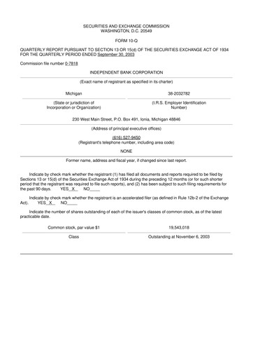 Thumbnail Independent Bank Corporation 10-Q Quarterly Report FY 