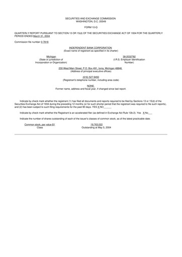 Thumbnail Independent Bank Corporation 10-Q Quarterly Report FY 