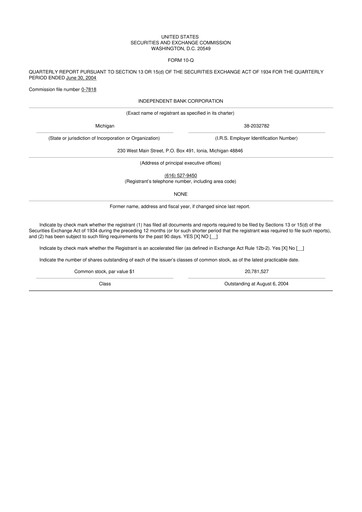 Thumbnail Independent Bank Corporation 10-Q Quarterly Report FY 