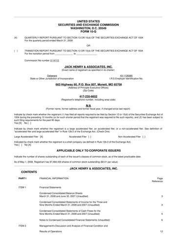 Thumbnail Jack Henry & Associates

 10-Q Quarterly Report FY 