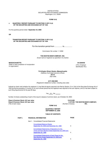 Thumbnail Boston Beer Company 10-Q Quarterly Report FY 