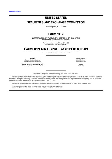 Thumbnail Camden National Corporation
 10-Q Quarterly Report FY 