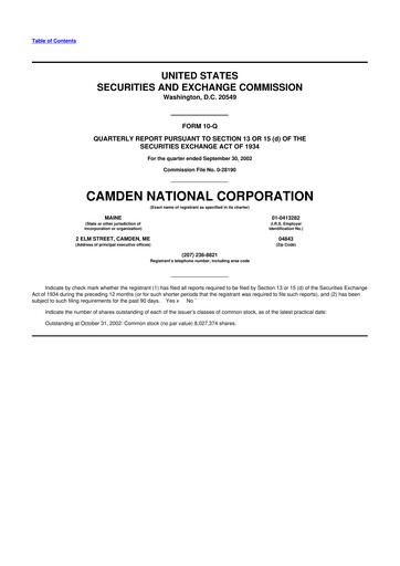 Thumbnail Camden National Corporation
 10-Q Quarterly Report FY 