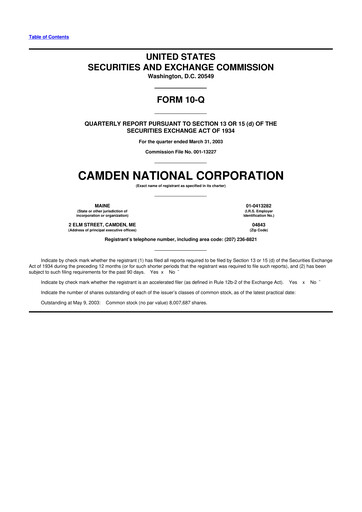 Thumbnail Camden National Corporation
 10-Q Quarterly Report FY 