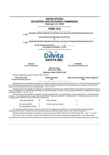 Thumbnail DaVita 10-Q Quarterly Report FY2021 