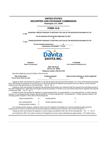 Thumbnail DaVita 10-Q Quarterly Report FY2021 