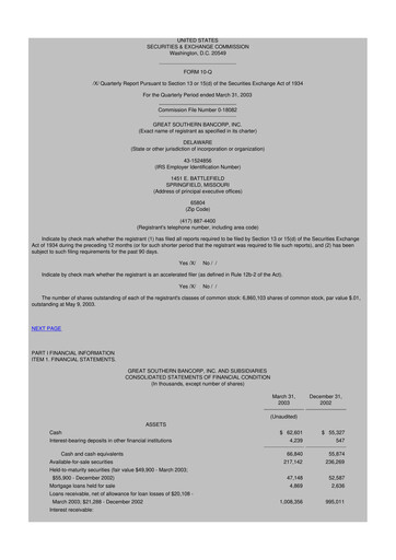 Thumbnail Great Southern Bancorp 10-Q Quarterly Report FY 