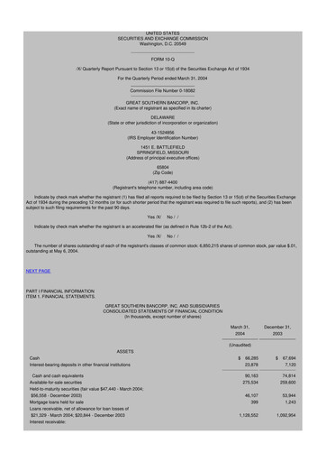 Thumbnail Great Southern Bancorp 10-Q Quarterly Report FY 
