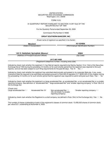 Thumbnail Great Southern Bancorp 10-Q Quarterly Report FY 