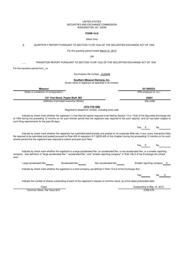 Thumbnail Southern Missouri Bancorp 10-Q Quarterly Report FY2012 