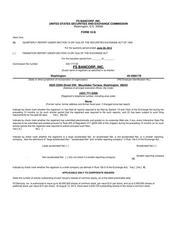 Thumbnail FS Bancorp 10-Q Quarterly Report FY2012 