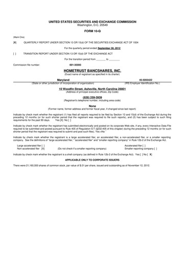 Thumbnail HomeTrust Bancshares
 10-Q Quarterly Report FY 