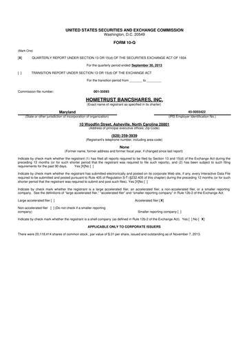 Thumbnail HomeTrust Bancshares
 10-Q Quarterly Report FY2014 