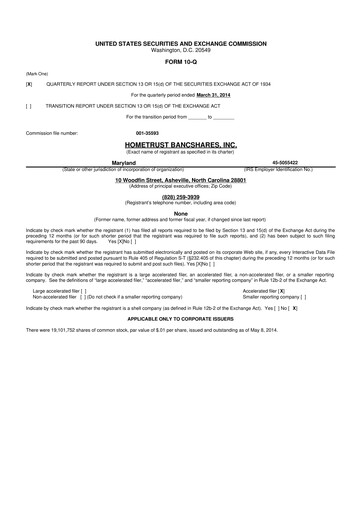 Thumbnail HomeTrust Bancshares
 10-Q Quarterly Report FY2014 