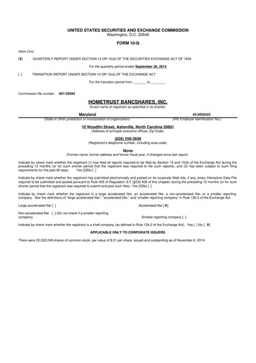 Thumbnail HomeTrust Bancshares
 10-Q Quarterly Report FY2015 