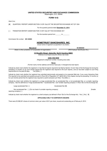 Thumbnail HomeTrust Bancshares
 10-Q Quarterly Report FY2015 