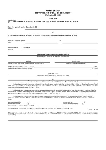 Thumbnail Home Federal Bancorp (HFB Bank) 10-Q Quarterly Report FY2015 