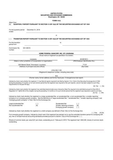 Thumbnail Home Federal Bancorp (HFB Bank) 10-Q Quarterly Report FY2019 
