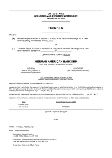 Thumbnail German American Bancorp 10-Q Quarterly Report FY 