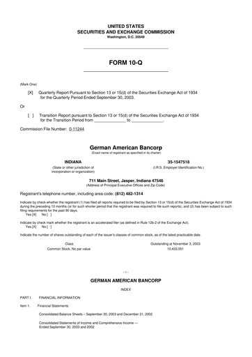 Thumbnail German American Bancorp 10-Q Quarterly Report FY 