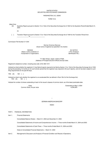 Thumbnail German American Bancorp 10-Q Quarterly Report FY 