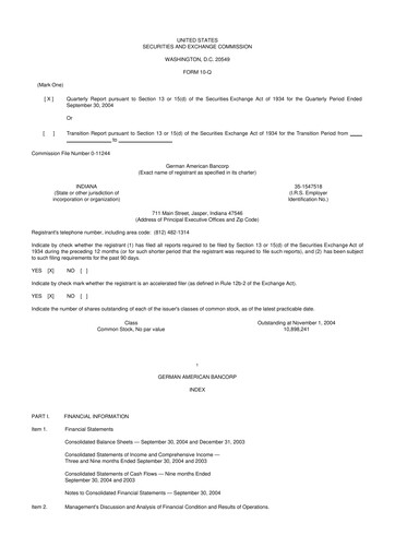 Thumbnail German American Bancorp 10-Q Quarterly Report FY 